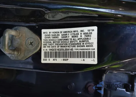 2005 Honda Civic Vp z USA, uszkodzony, nr VIN 1HGES16325L004145